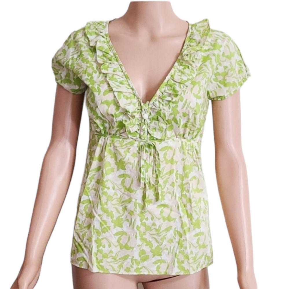 J.Crew top Abstract print green‎ & cream With ruffles V-neck  Size 4 Small
